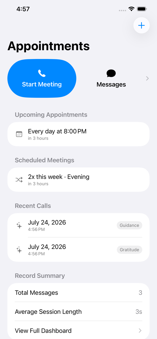 The Home screen with Start Meeting, Messages, and upcoming Appointments