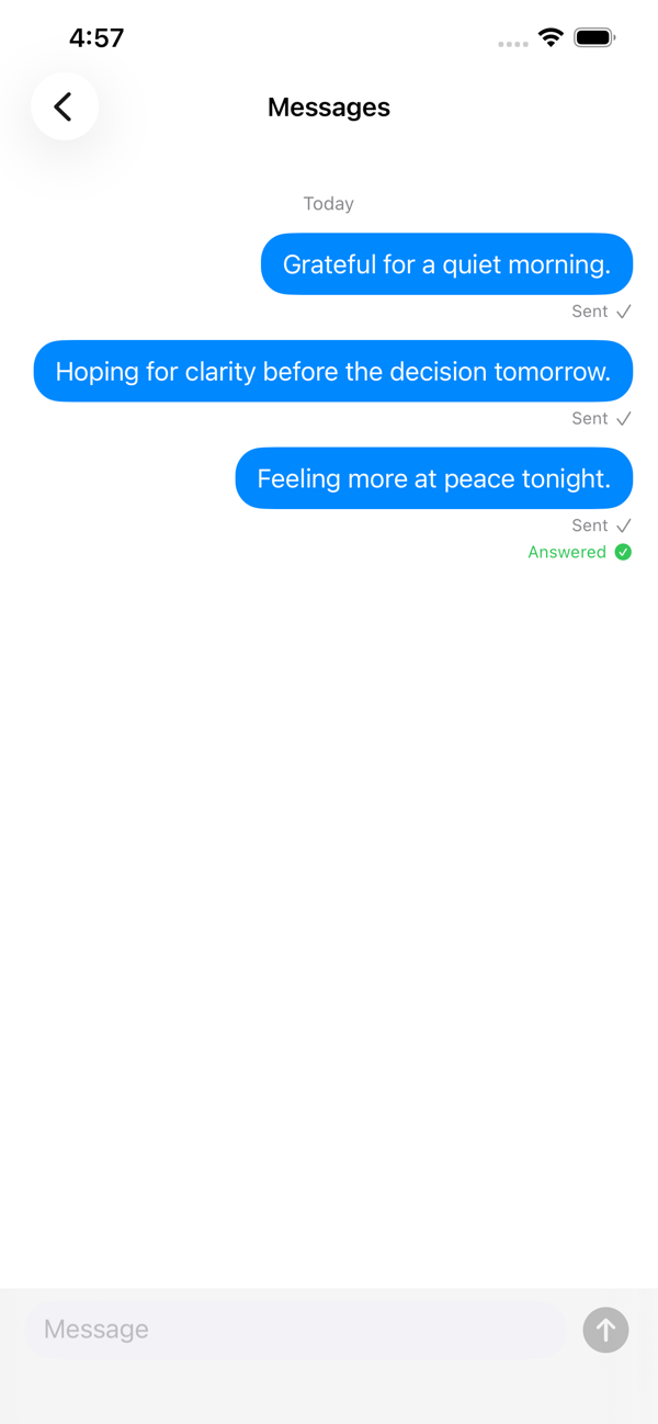 A one-way Messages thread styled like iMessage