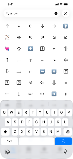 Search results for “arrow”, showing dozens of arrow glyphs