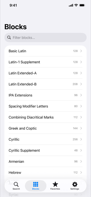 A list of Unicode blocks such as Basic Latin, Greek and Coptic, and Cyrillic, each with a character count