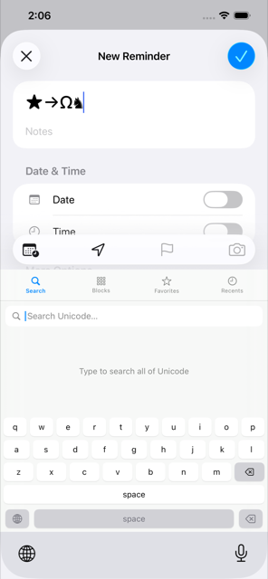 The Glyphboard keyboard inserting star, arrow, Omega, and a chess knight directly into a Reminders note