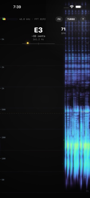 Inspectro showing a live spectrogram waterfall in the Turbo color palette, with a tuner reading E3 and a BPM counter at 71