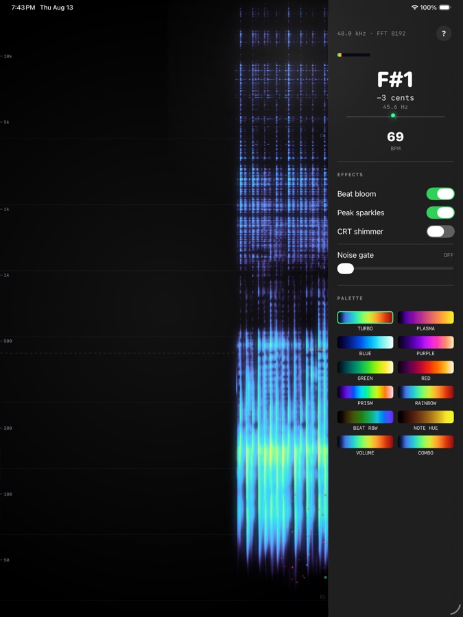 Inspectro's full-featured iPad layout with a side panel for effects and palette