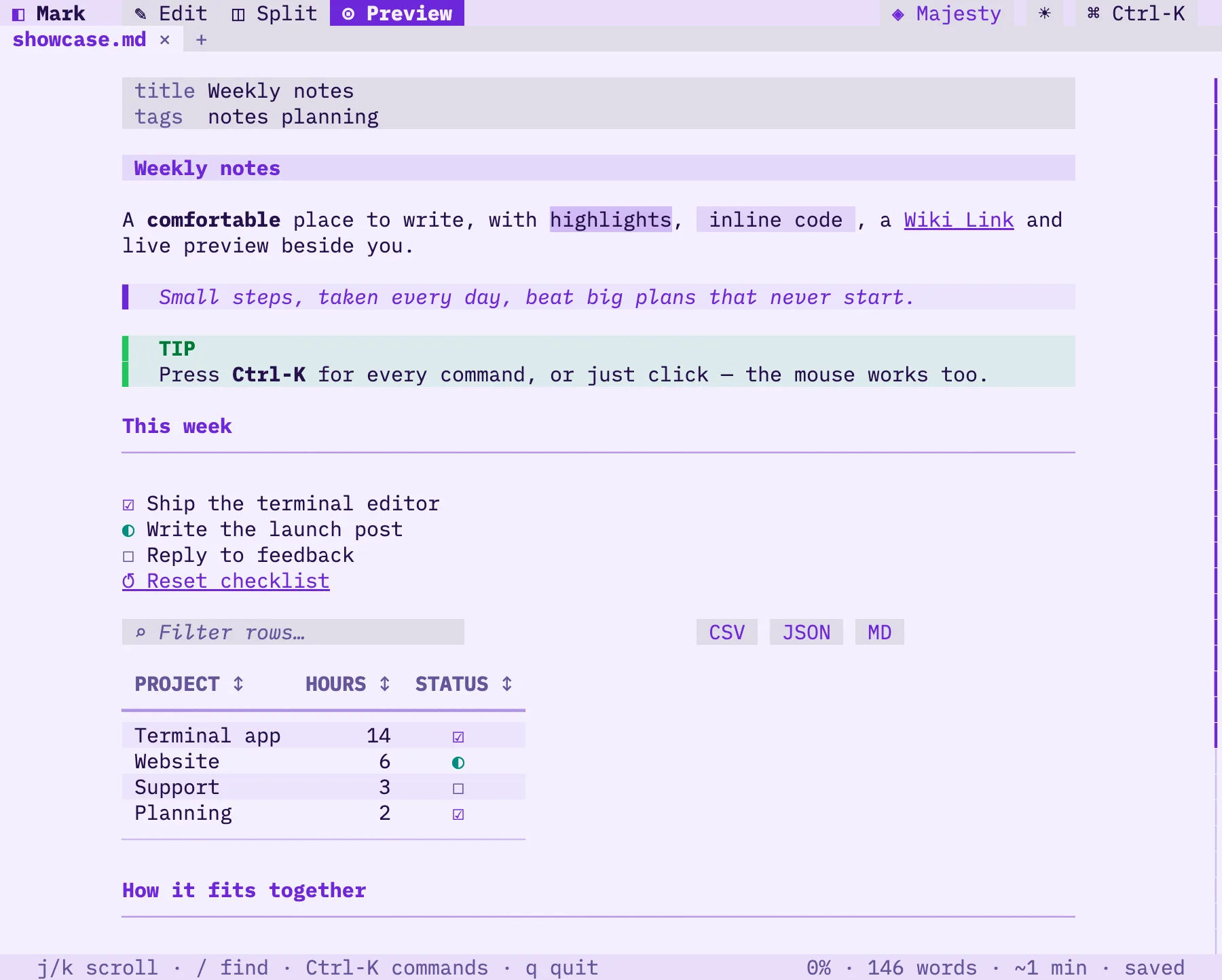 Mark's Majesty light theme in the terminal: a rendered note with a quote, callout, checklist and table