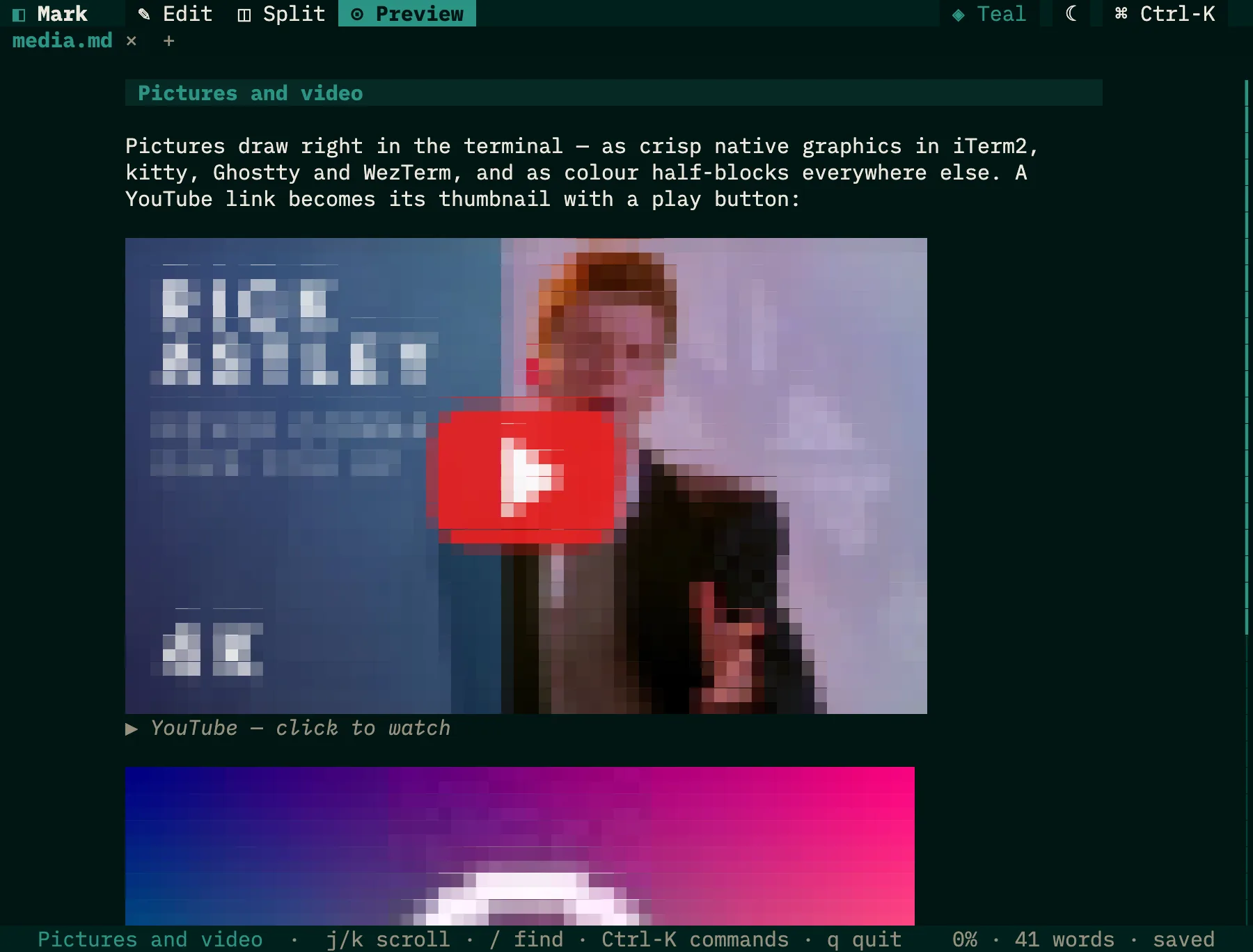 A YouTube thumbnail with a red play button, drawn in the terminal in the Teal theme