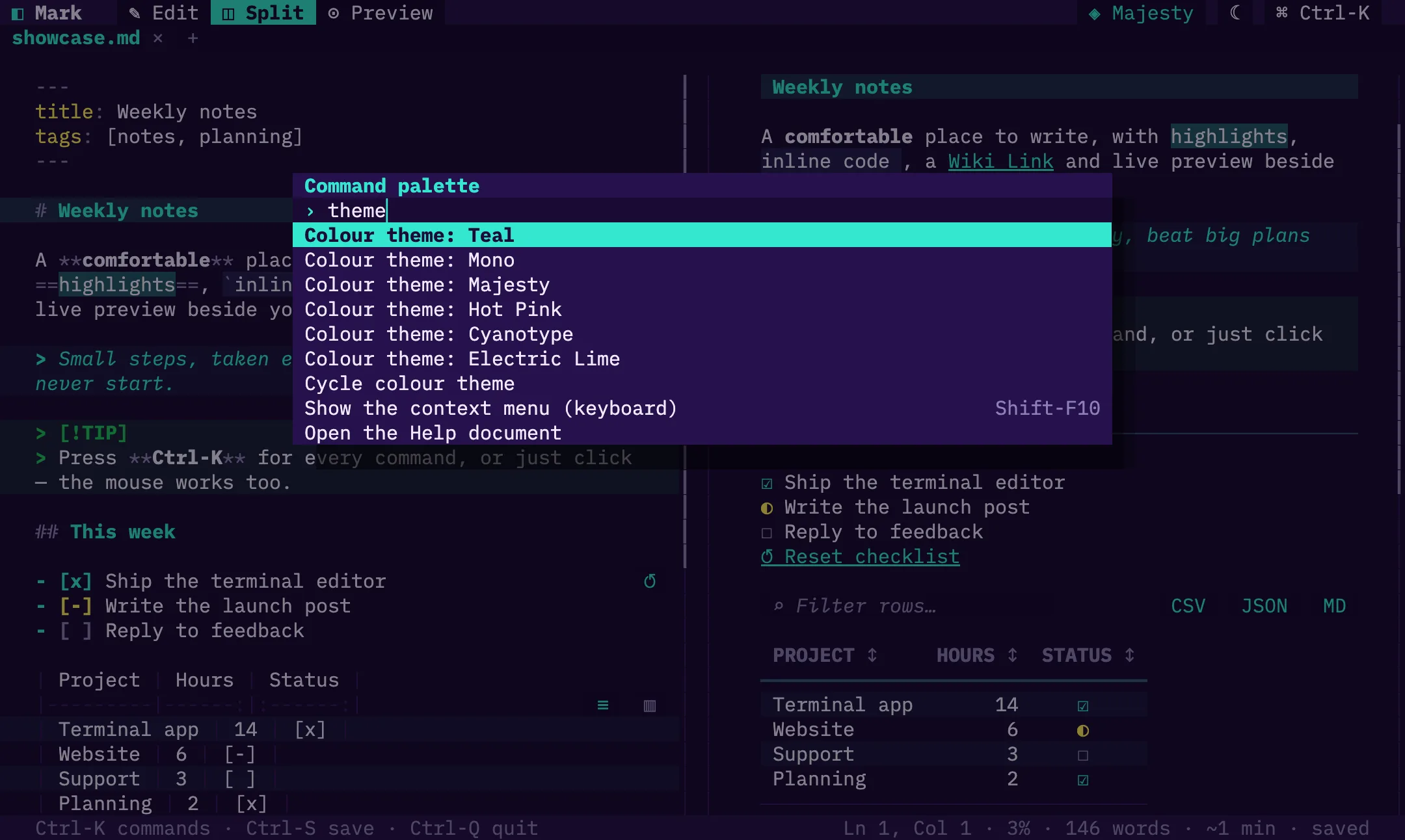 The command palette filtered to colour themes, over the split editor in the Majesty theme