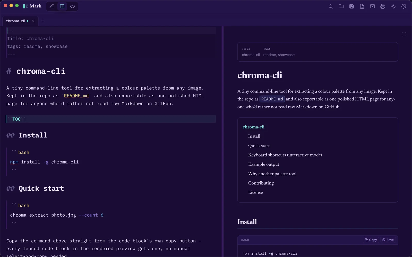 Mark's split-pane editor and live preview showing a rendered README with a table of contents, code blocks, and syntax highlighting