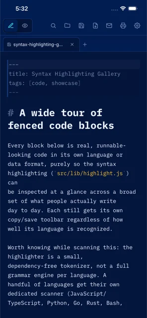 Mark's editor on iPhone showing Codex Mono ligatures