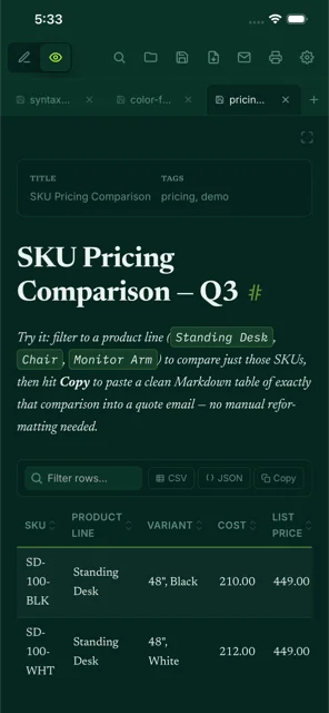 Mark on iPhone showing a sortable table in the Electric Lime theme