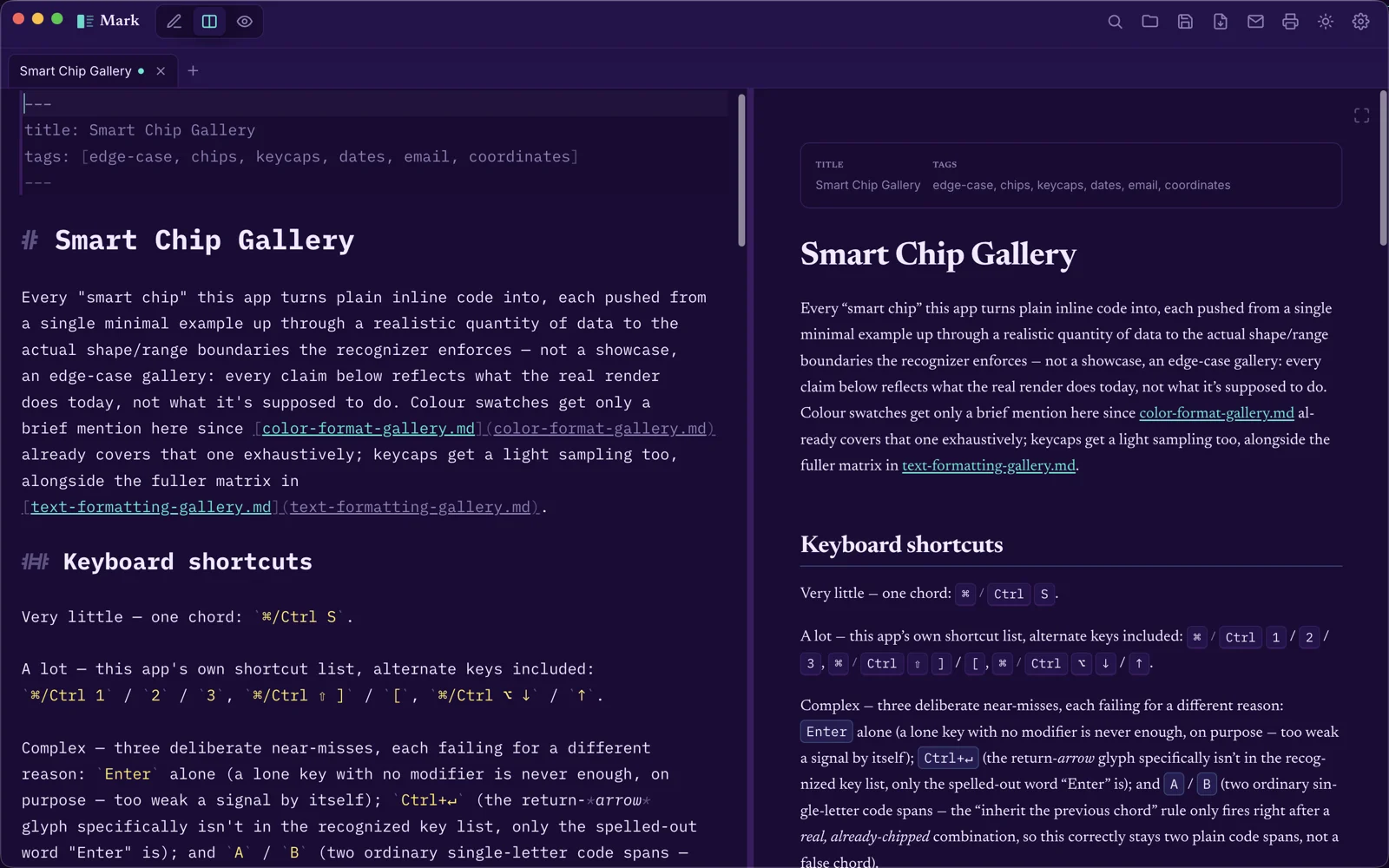 Smart chips for colors, dates, and keyboard shortcuts rendered in Mark's preview