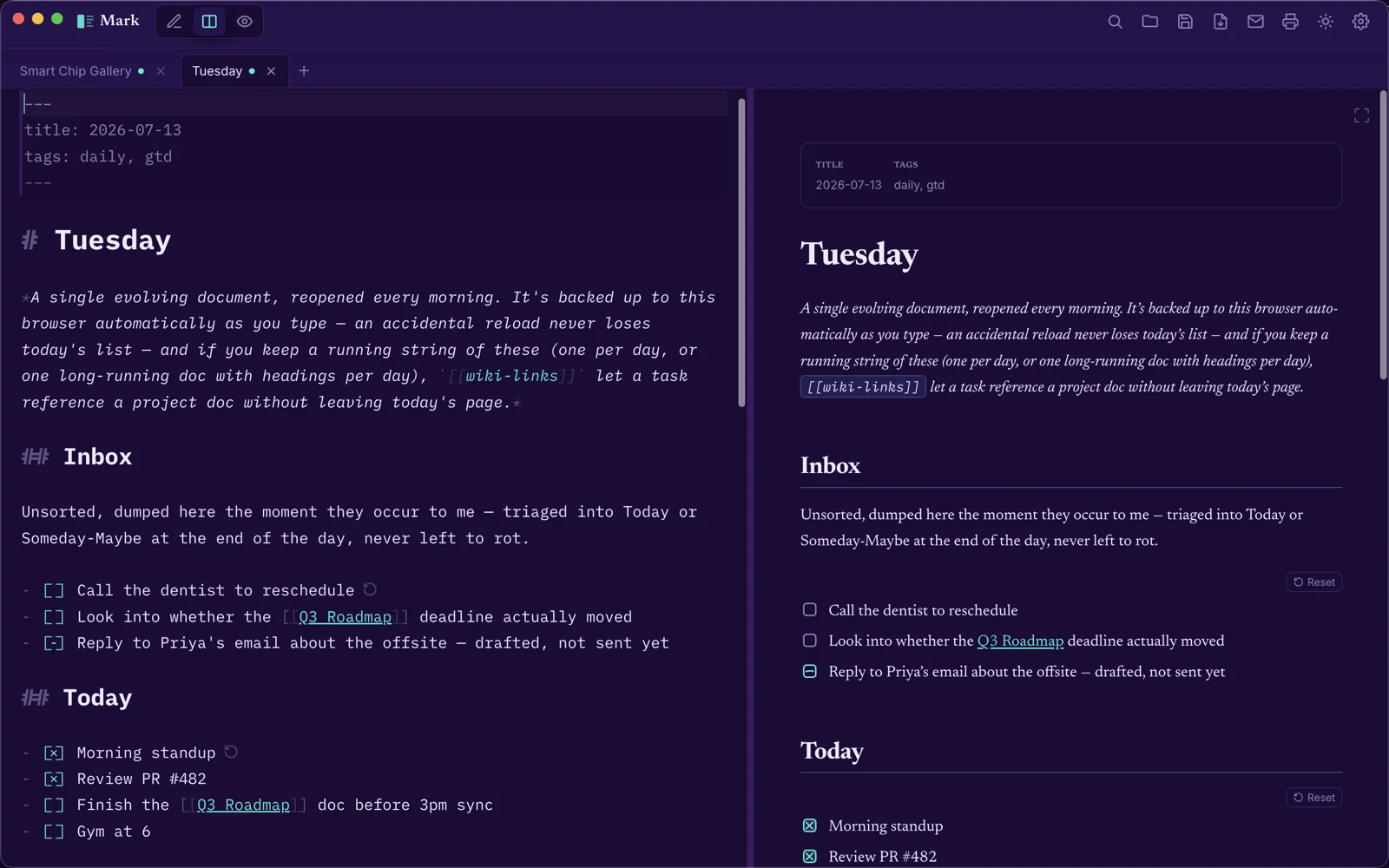 A resettable task checklist rendered in Mark's live preview