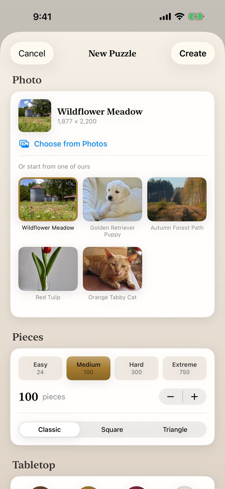 The New Puzzle screen: choosing a photo, piece count, shape, and tabletop