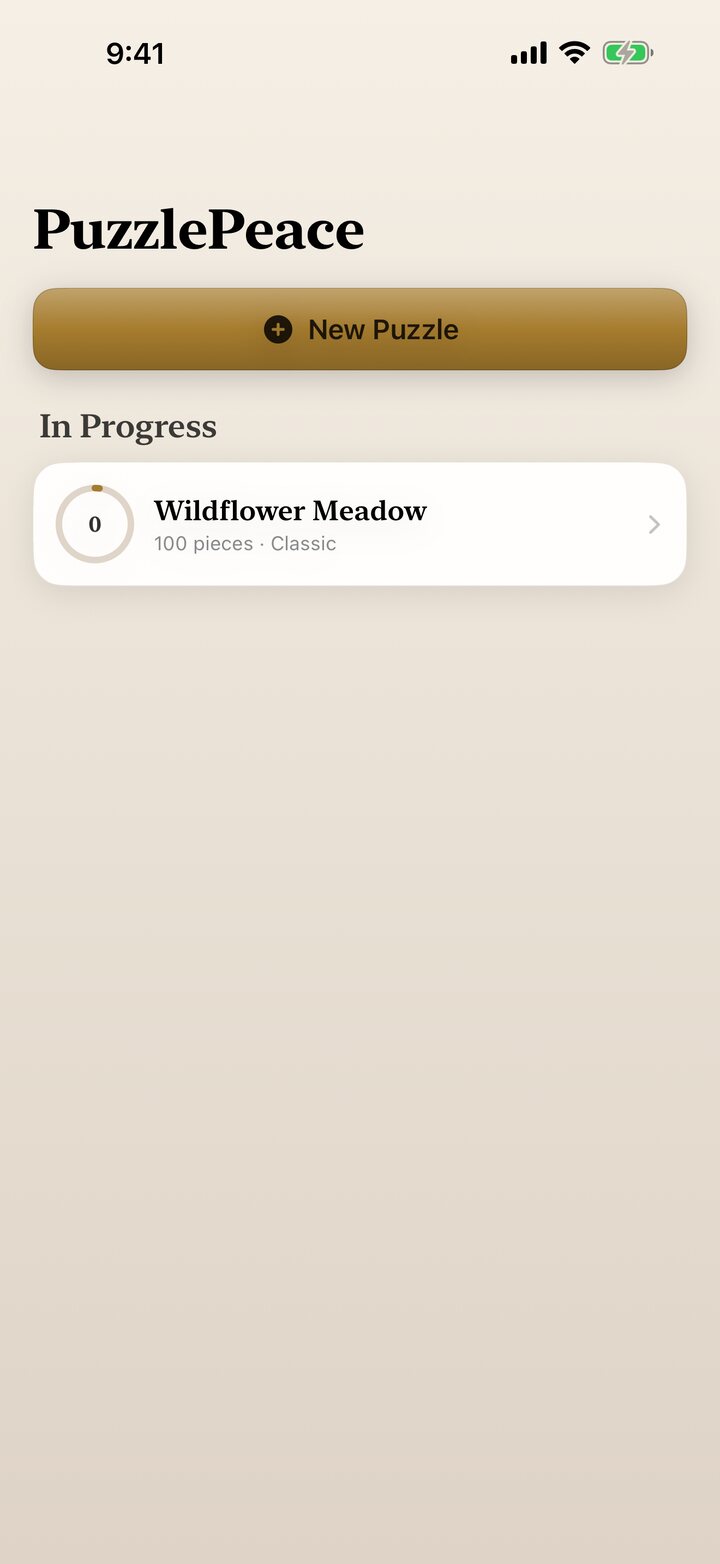 The main menu, listing puzzles in progress and completed, each with a progress ring