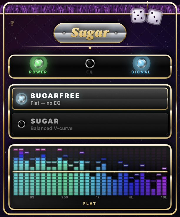 The same dashboard in Sugarfree mode: the EQ lamp is dark and the gold curve is a dead-straight line across the middle of the spectrum.