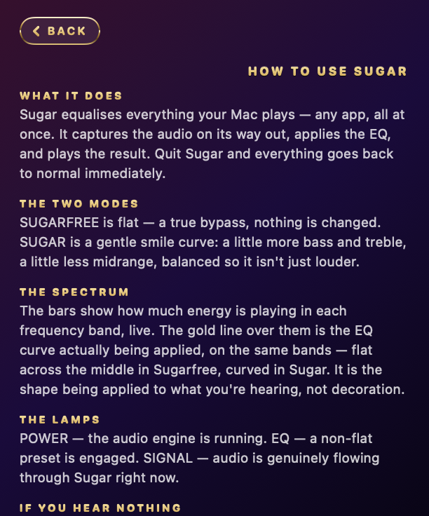 Sugar's built-in help page, explaining what the app does, the two modes, the spectrum, and the indicator lamps.