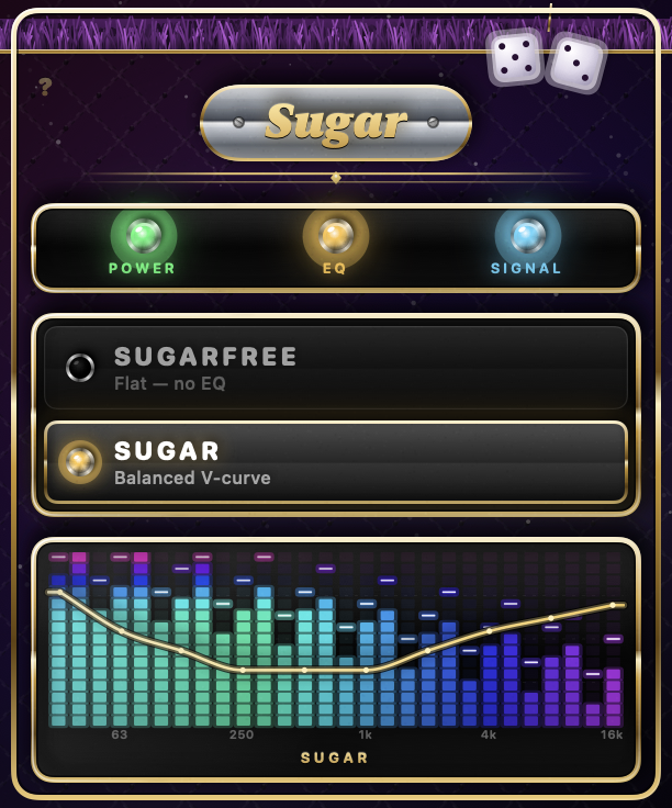 Sugar's dashboard: a candy-paint panel with POWER, EQ and SIGNAL indicator lights, Sugarfree and Sugar mode switches, and a spectrum showing green bars per frequency band with a gold EQ curve drawn across them.