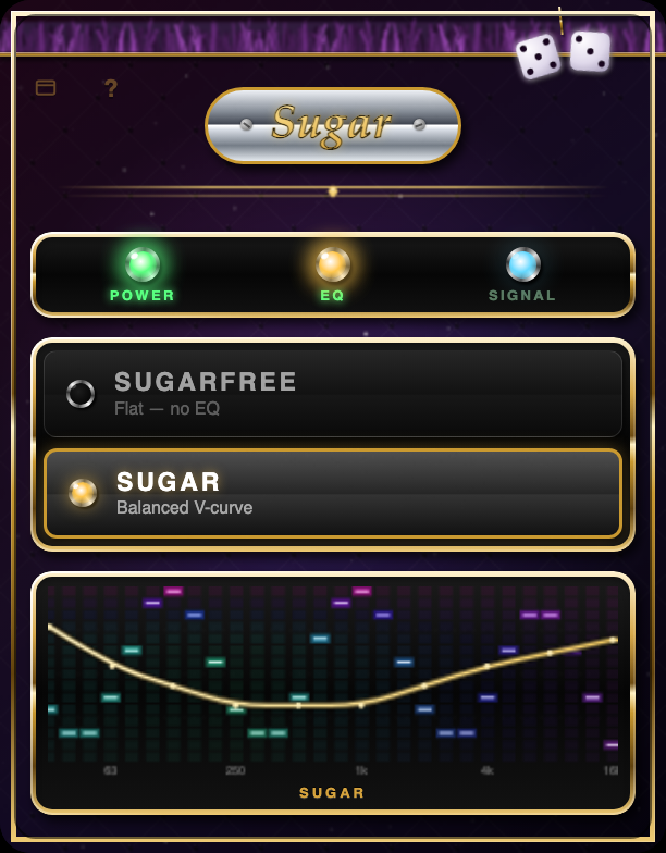 Sugar EQ for Tabs, the Chrome extension's popup: the same candy-paint dash — POWER, EQ and SIGNAL lamps, Sugarfree and Sugar mode switches, and a spectrum with a gold EQ curve — sized for a browser toolbar.