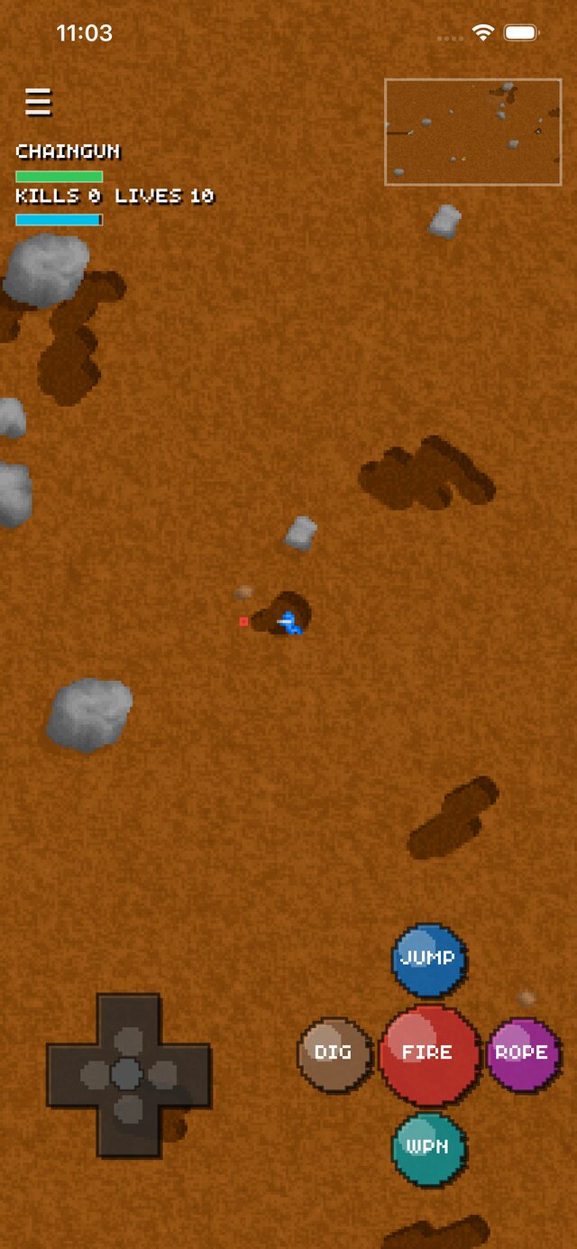 Live match, worm digging through destructible dirt terrain