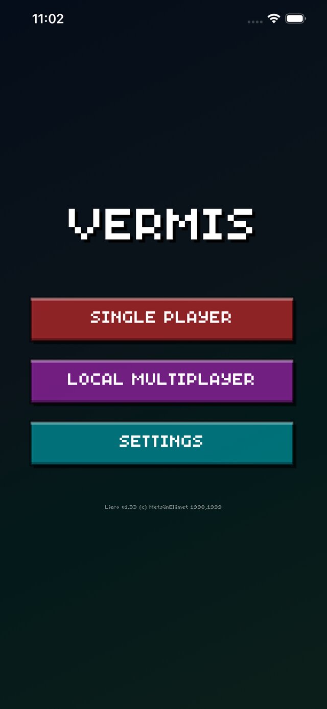 Vermis main menu, rendered in Liero's own bitmap font