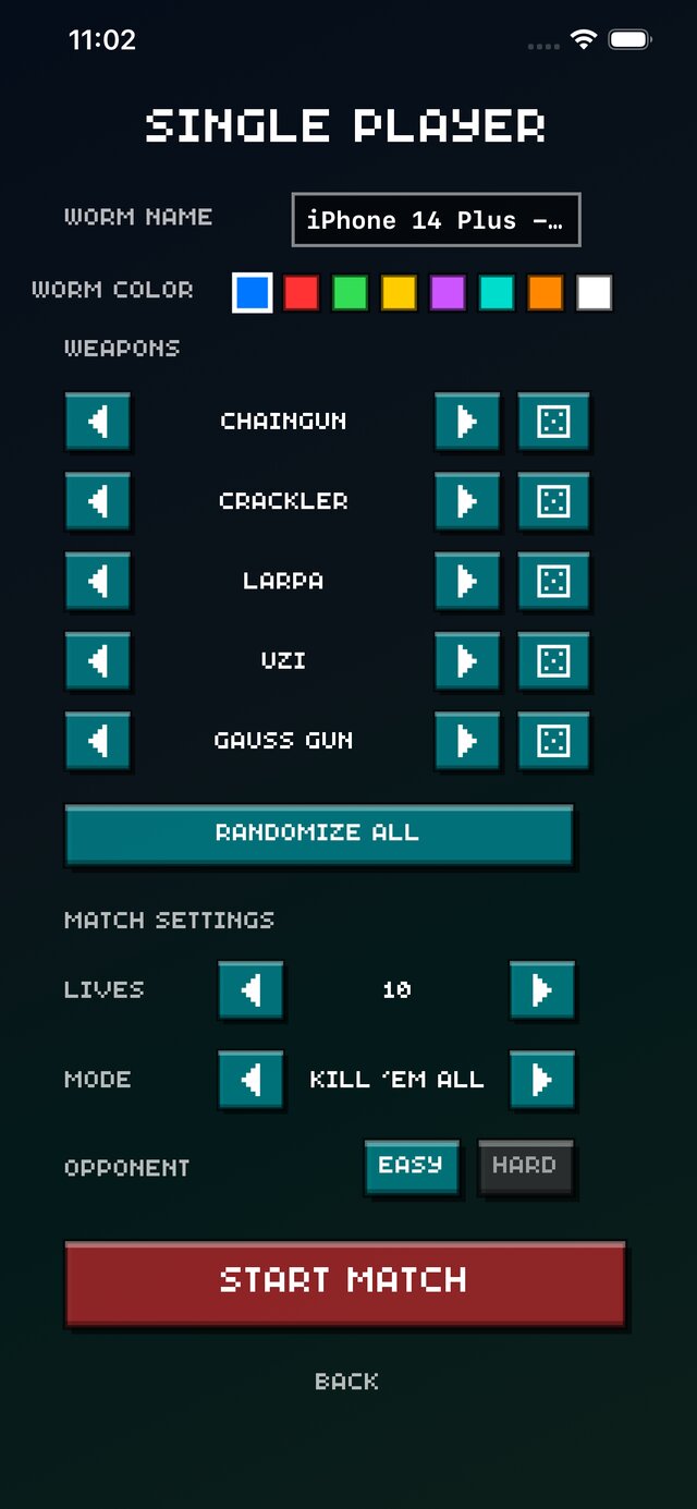 Single-player options screen: worm name, color, weapon loadout