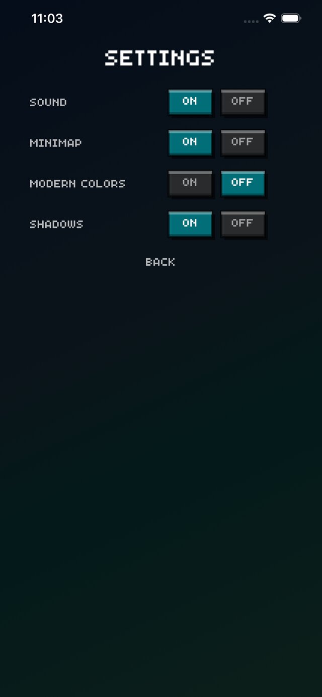Settings screen: sound, minimap, Modern Colors, Shadows toggles